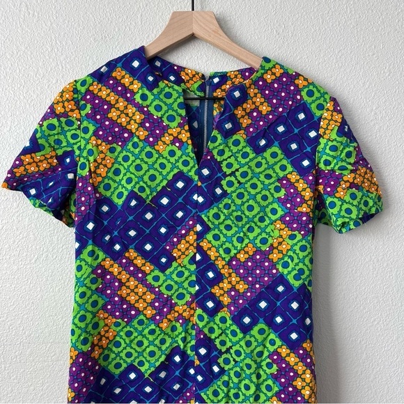 Vintage Retro 70's Bright Colorful Floral Geometric Midi Dress- Size Large - Picture 2 of 7